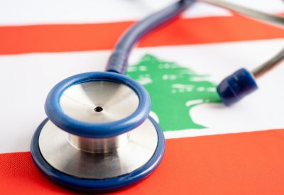 Stethoscope on Lebanon flag background, Business and finance concept.